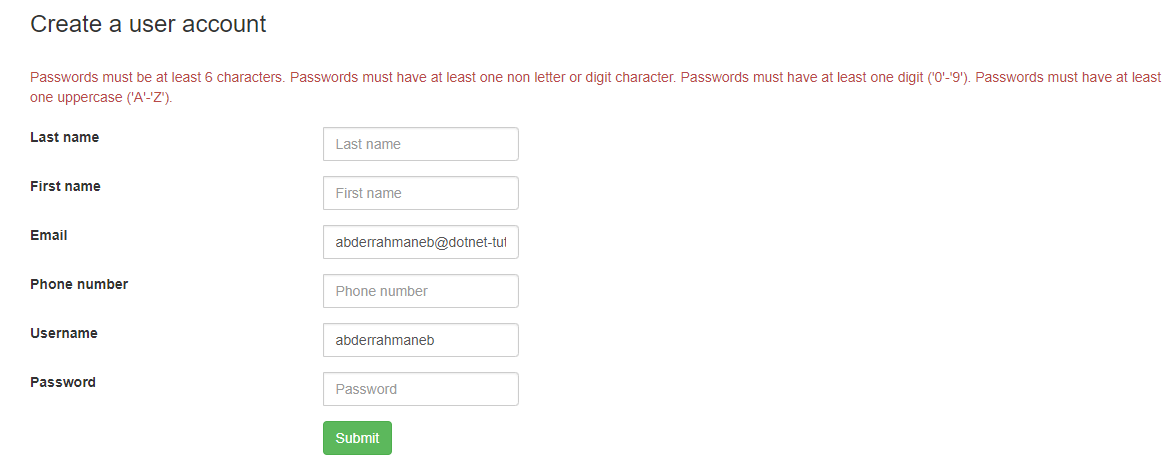 invalid password error message